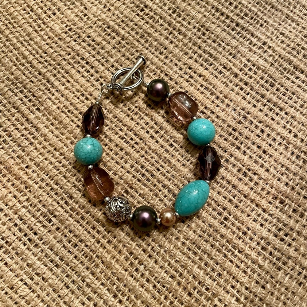 Turquoise Blue and Brown Beaded Bracelet with Silver Accents